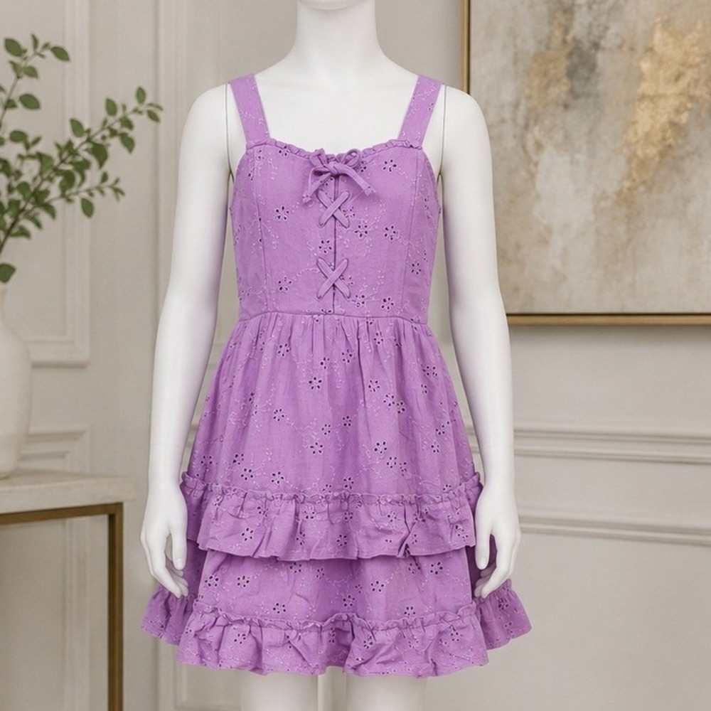 Justice Girls Tiered Eyelet Dress Violet Purple Lace Up Boho XS 5/6